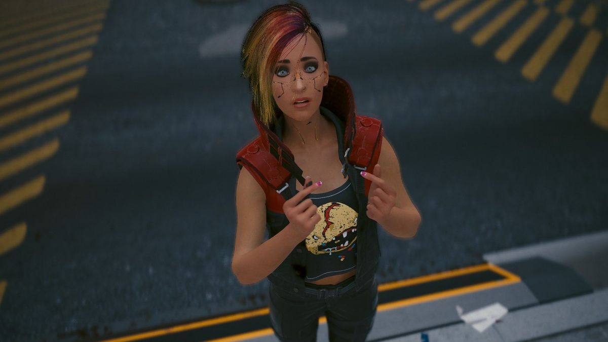 V looking afraid or confused and pointing to herself in Cyberpunk 2077.