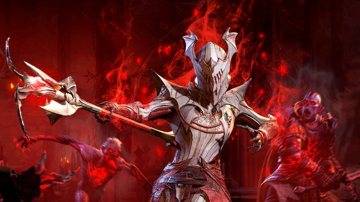 Diablo 4 character in metallic armor with demons behind