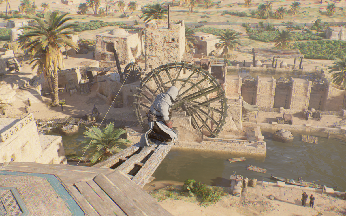 Basim scaling a rooftop near a waterwheel