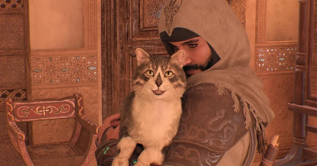 No, it’s not your imagination – Assassin’s Creed Mirage includes a cat with the Assassin’s Emblem on his nose