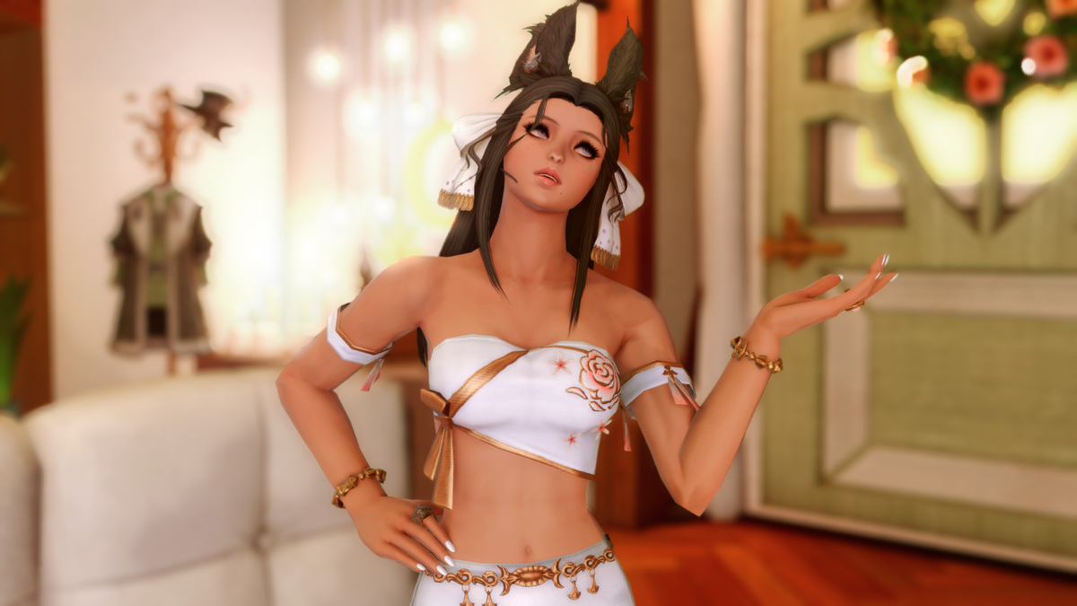 A female Viera with grey hair, wearing a white off-the-shoulder top throws her hand up in the air as she pulls a face of annoyance.