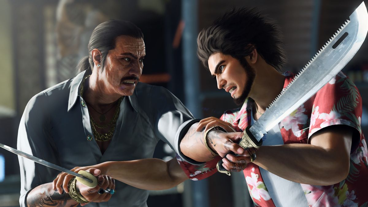 Ichiban Kasuga wears a Hawaiian shirt and fights a man weilding a machete modeled after Danny Trejo