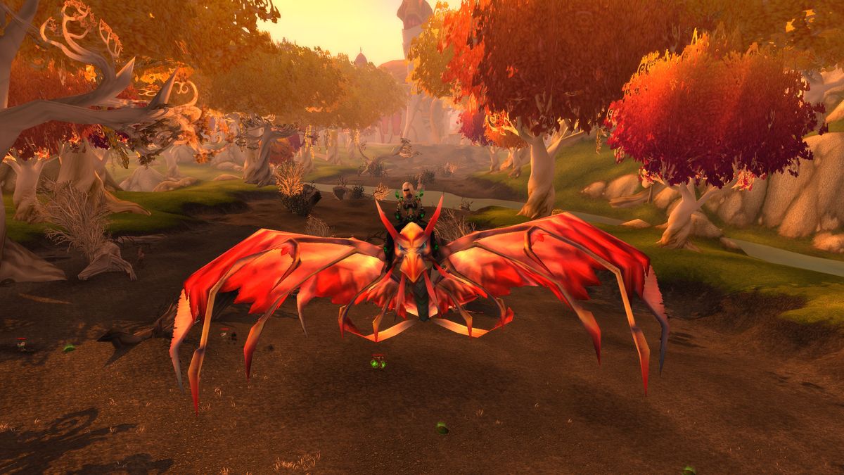 World of Warcraft - a blood elf rides a flight path through Eversong Wood