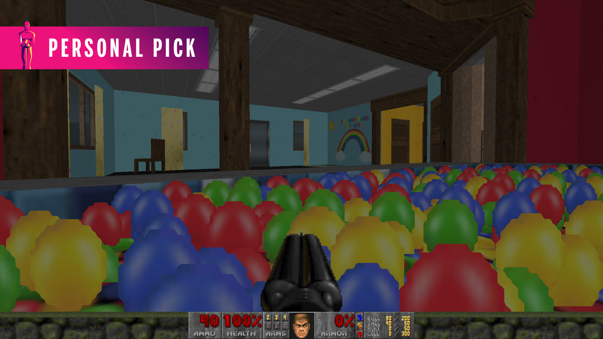 In Myhouse.wad, the player sits in a playroom ball pit. Yes, they