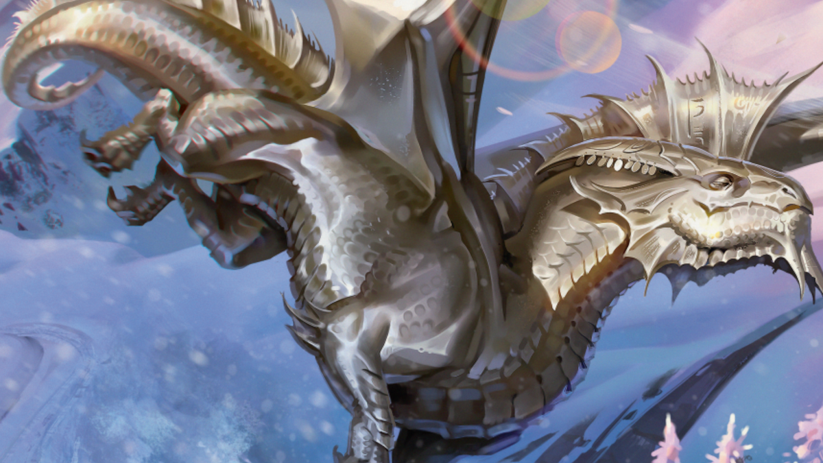 A silver dragon soars through the sky in D&D