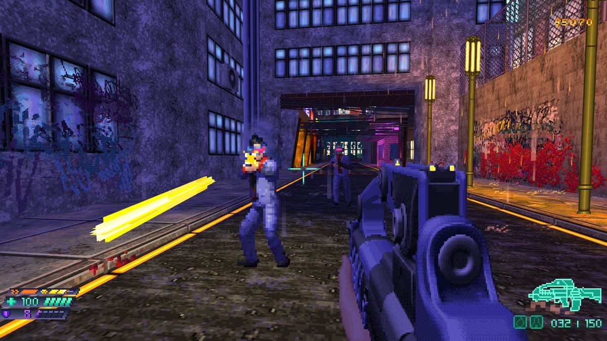 Visored cyberpunk mafiosos fire handguns on a graffiti-coated street in Beyond Sunset.