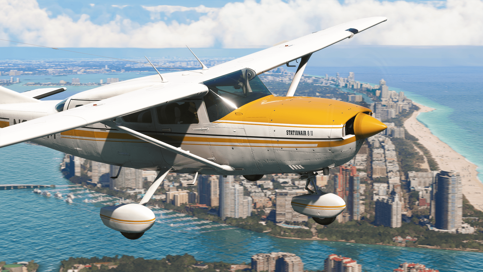 Cessna 207 flying above a city