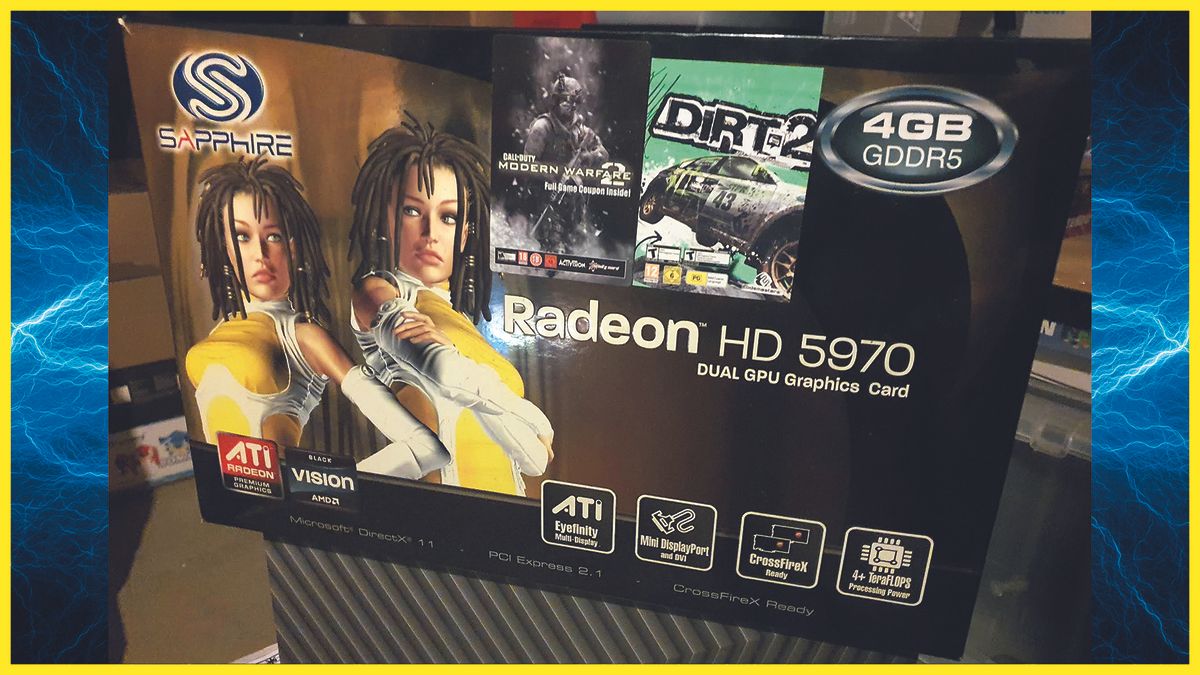 AMD ATI Radeon HD 5970 4GB PC gaming graphics card in an attic