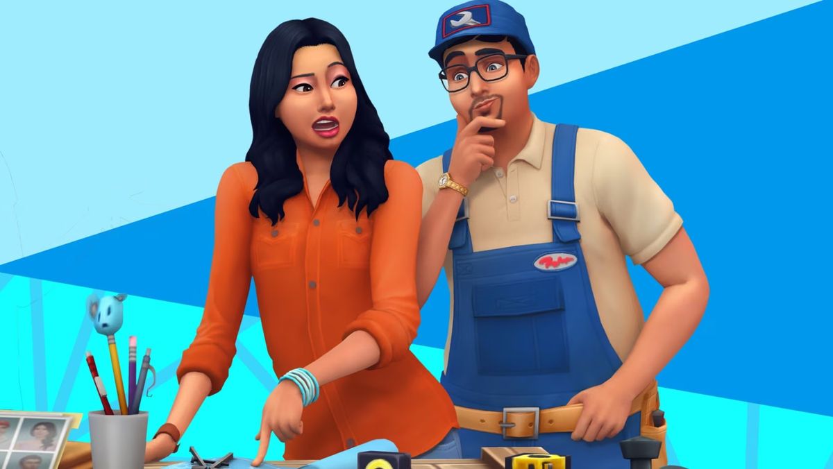 The Sims 4 - A Sim points to a blueprint on a table while another sim looks on, thinking, wearing overalls and a tool belt, and work hat