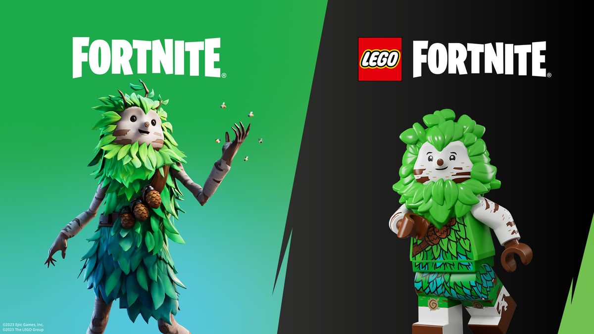 A Fortnite skin alongside its Lego minifig counterpart