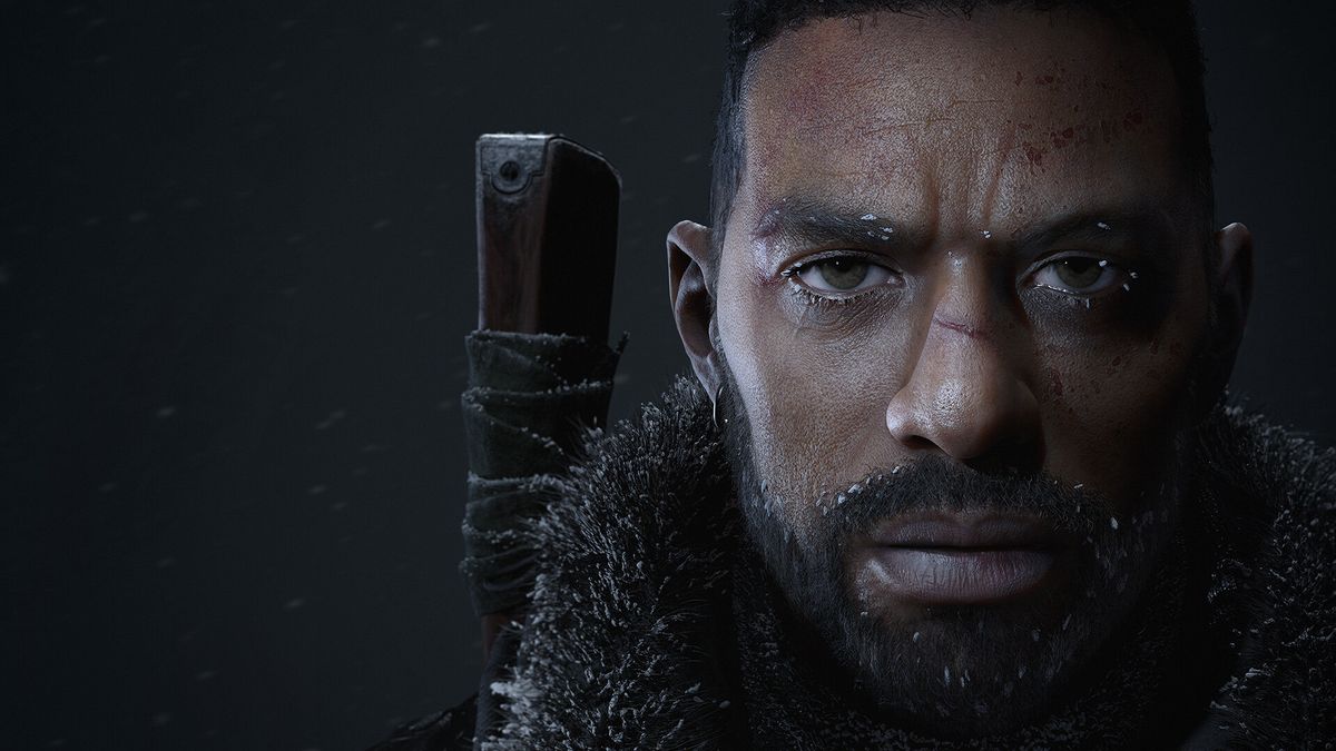 The Day Before - A closeup face shot of a player character from The Day Before, with snow clinging to his beard and recent wounds healing on his face.