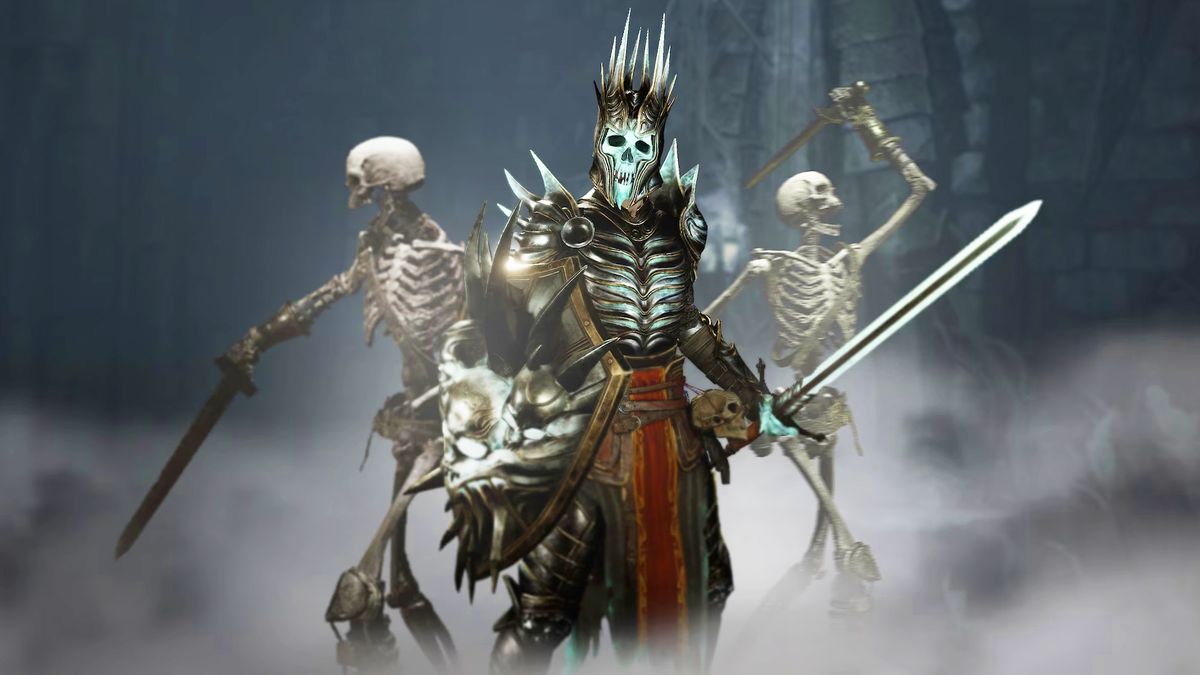 Diablo 4 Necromancer wearing shop armor holding a sword and shield