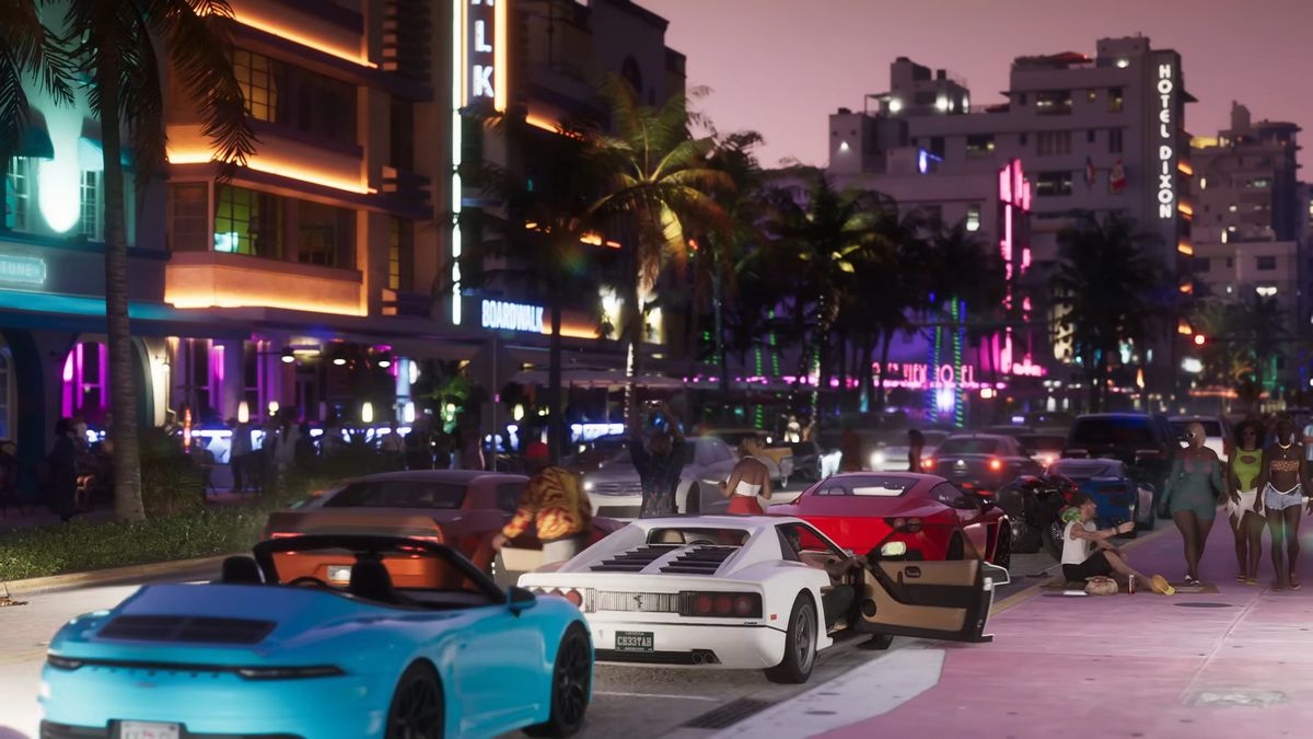 GTA 6 cars list - lots of cars are parked up in a busy city street with neon lights in the background