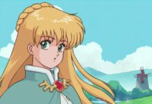 Fields of Mistria animated trailer - a blonde girl in anime style wearing a cloak looks to the camera surprised in front of an idyllic meadow and mountain landscape