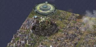 An alien spaceship hovering over a city in SimCity 4