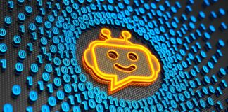 Chatbot icon on the digital binary code background