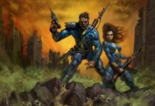 A man and a woman in vault suits stand over irradiated and hostile ghouls in keyart for Fallout 1.