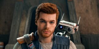 Star Wars Jedi: Survivor — a mugshot-like screenshot of Cal Kestis as he appears in the upcoming Jedi sequel, with droid companion BD-1 looking over his shoulder.