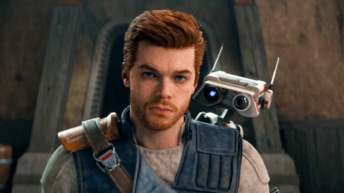 Star Wars Jedi: Survivor — a mugshot-like screenshot of Cal Kestis as he appears in the upcoming Jedi sequel, with droid companion BD-1 looking over his shoulder.