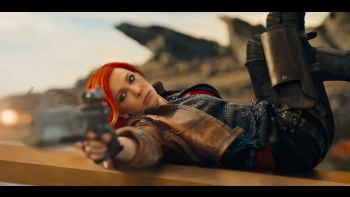 Borderlands movie teaser still - Cate Blanchett as Lilith firing a gun