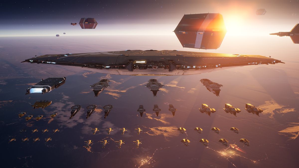 An assembled fleet of different classes of combat vessels, gathered in a planet