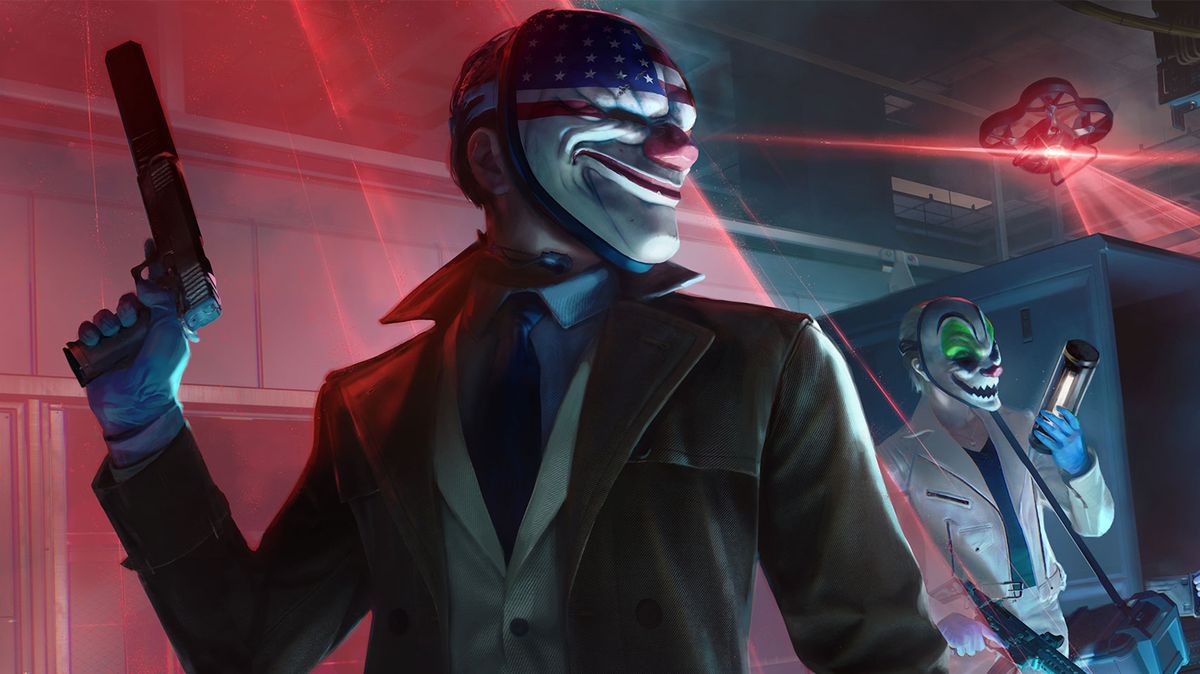 Payday 3 art - heister in a clown mask holding a gun