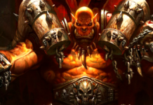 Garrosh Hellscream sits atop his throne in World of Warcraft, looking jacked as all get-out.