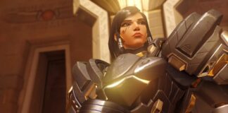 Pharah stands in full armour in Overwatch.