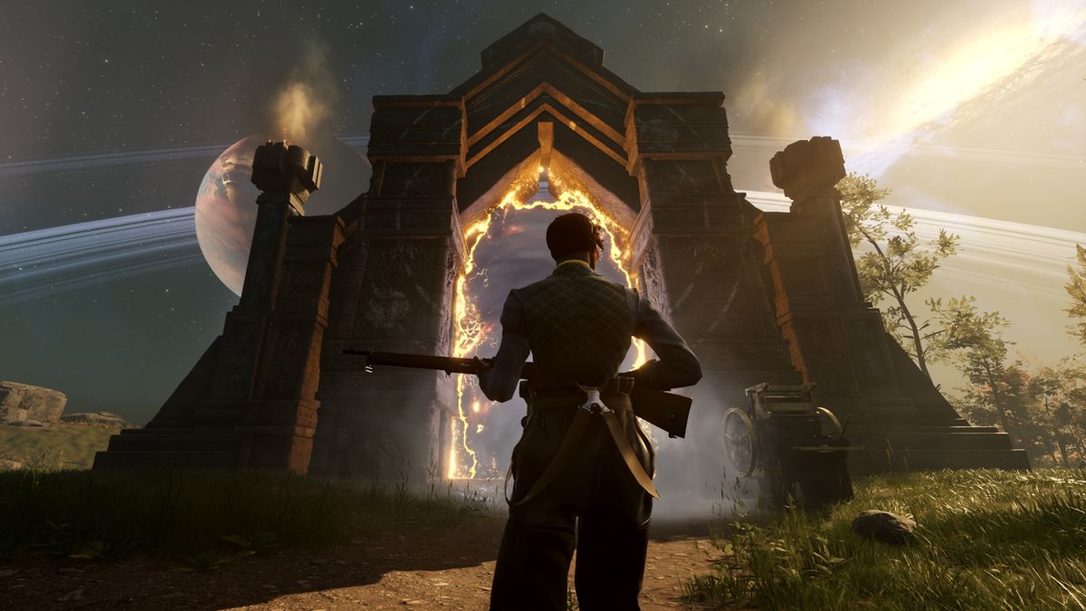 Nightingale screenshot - man with a rifle standing in front of a magical portal