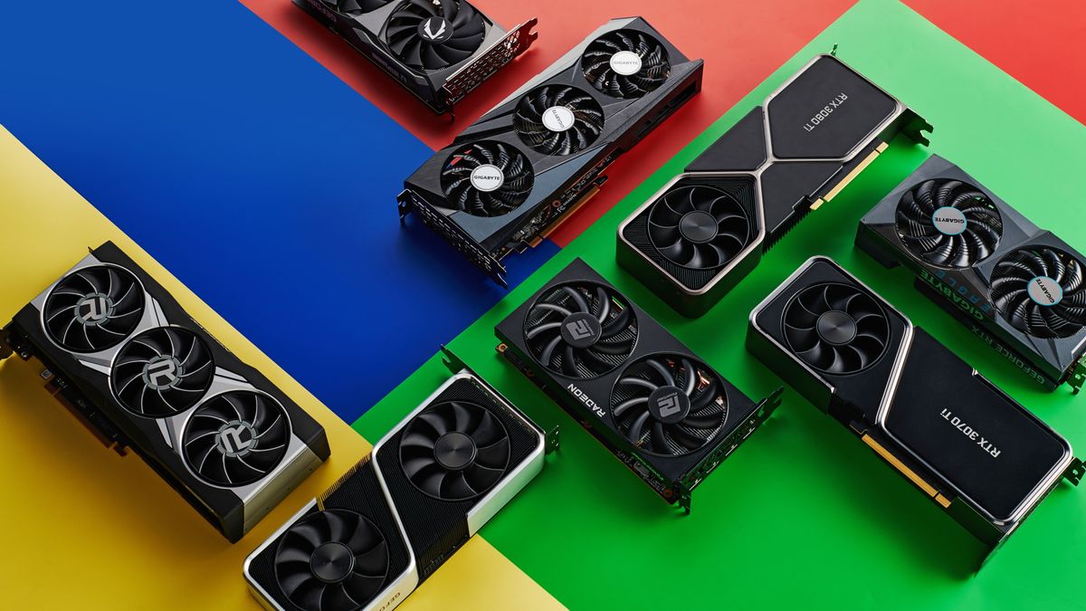 A collection of graphics cards on a colourful background.