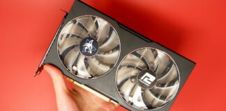PowerColor Hellhound RX 7600 XT graphics card on a red background,