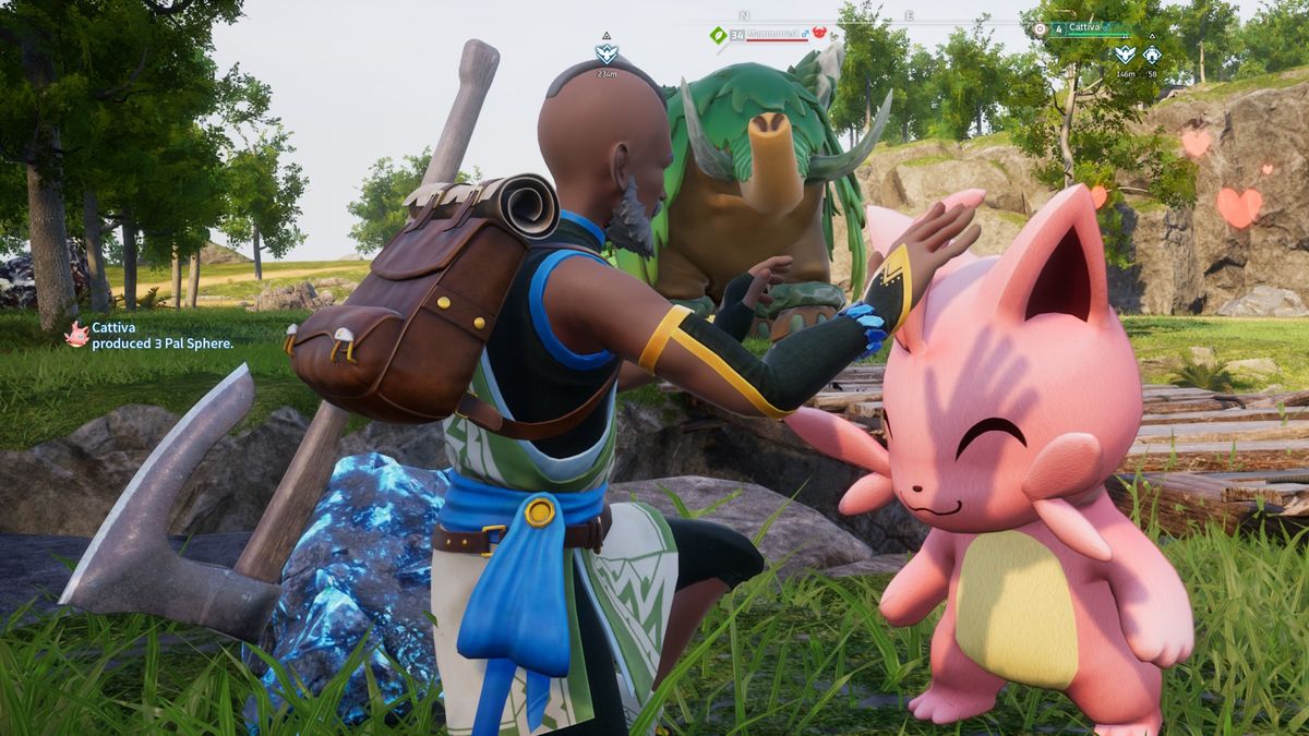 Palworld screenshot - guy with an axe patting a Pal