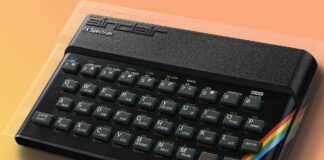 The ZX Spectrum with a colourful background.