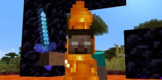 Minecraft cheats - Herobrine stands in a pool of lava on fire holding an enchanted diamond sword in front of a ruined portal.