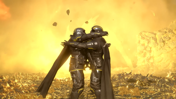 Helldivers 2 two characters hugging as an explosion detonates in the background