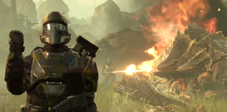 A soldier from Helldivers gives a patriotic salute while their comrade burns an alien corpse to death in the background.
