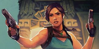 Lara Croft wielding her classic two pistols on the cover of Tomb Raider: Shadows of Truth.