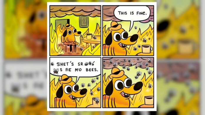An AI generated image using the prompt: feed this prompt into Dalle3 verbatim "a comic of a dog saying "this is fine" but instead of being surrounded by fire it