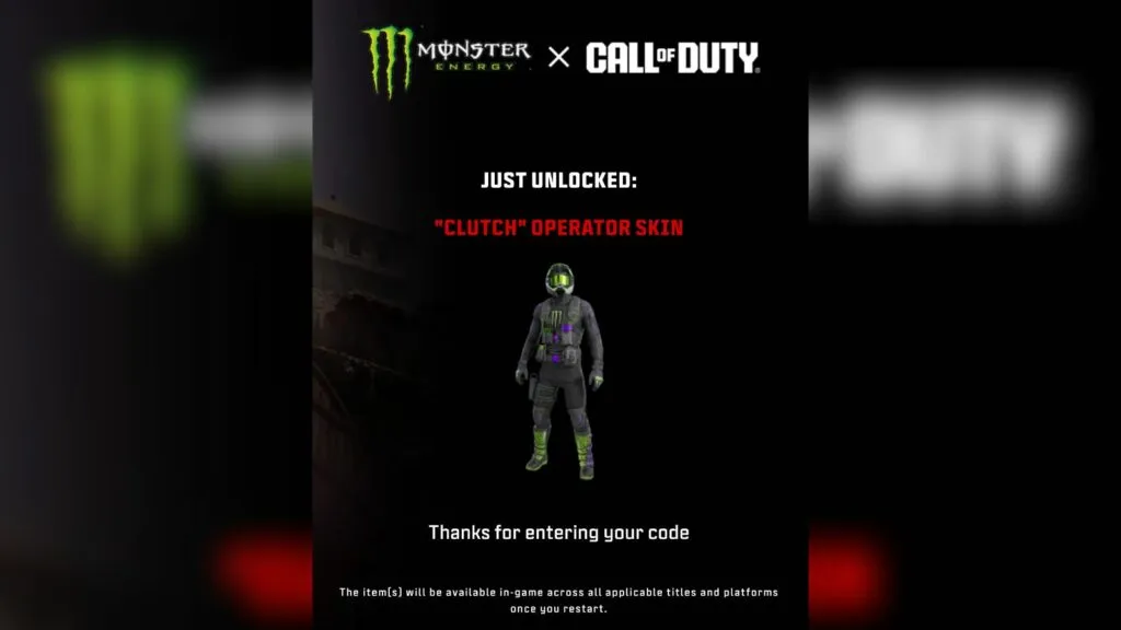 Player in Call of Duty wearing the black, green, and purple Monster Energy