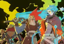 Hyper Light Breaker player characters standing in a row with yellow cloud and dark background behind