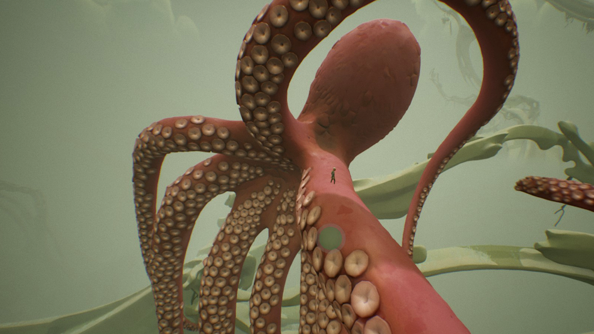 An image of a little boy riding on the tentacle of a large octopus in Chasing the Unseen.