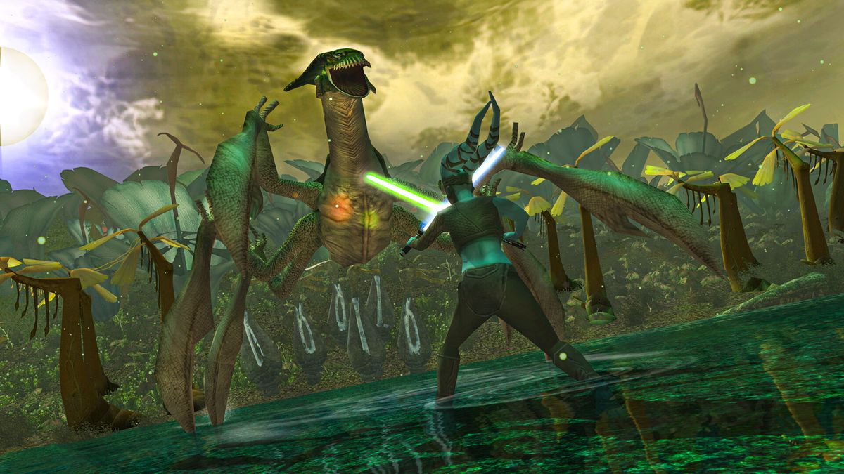 Aayla Secura faces down a big alien bug in Star Wars: Battlefront Classic Collection