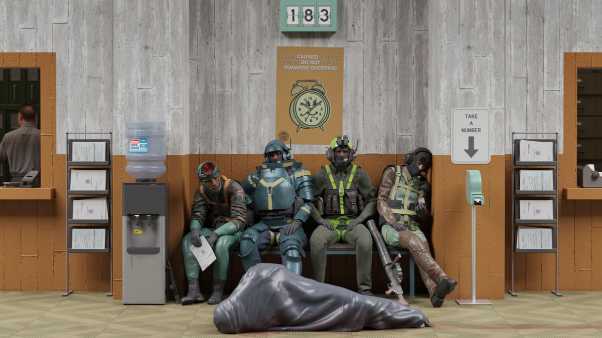 Four people sitting on a bench with a dead body in a body bag at their feet