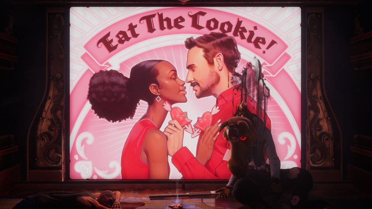 Judas screenshot - a happy couple about to kiss beneath a banner that says