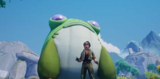 Palia - a giant frog plush looms over a player looking up at it
