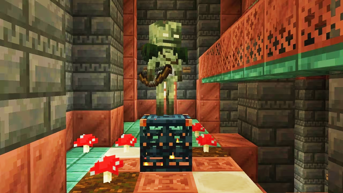 Bogged skeleton standing on a spawner