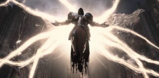 Diablo 4 — Inarius, the rogue Archangel, hovers in midair with tendril wings of light outstretched.