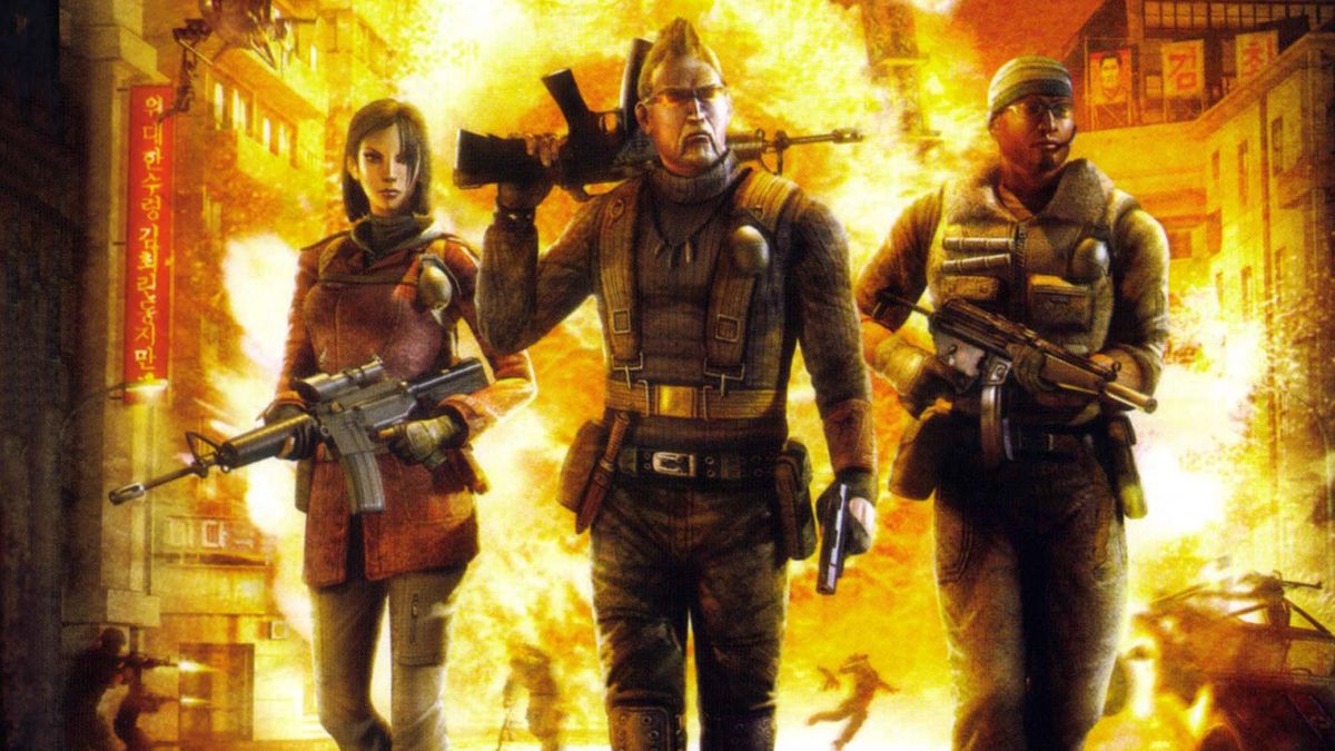 Cover art for Mercenaries: Playground of Destruction, showing the three playable characters.