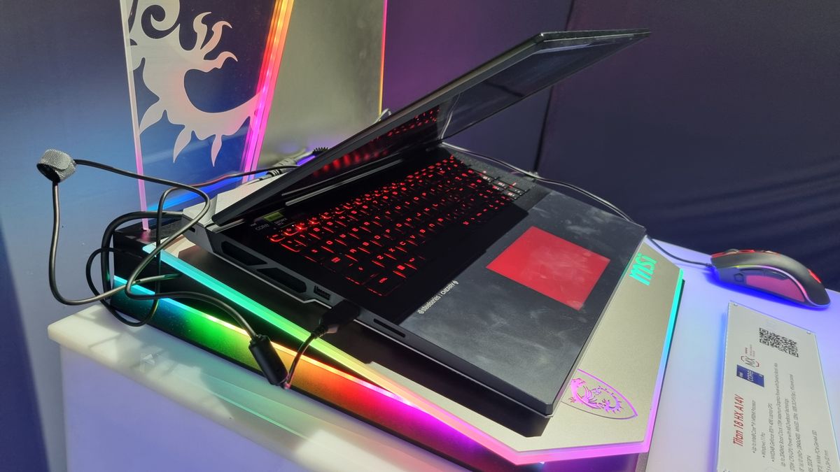 The MSI Titan GT77 HX gaming laptop, half closed