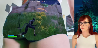 An image of Morgpie, a Twitch streamer, playing games via a green screen of her butt. There